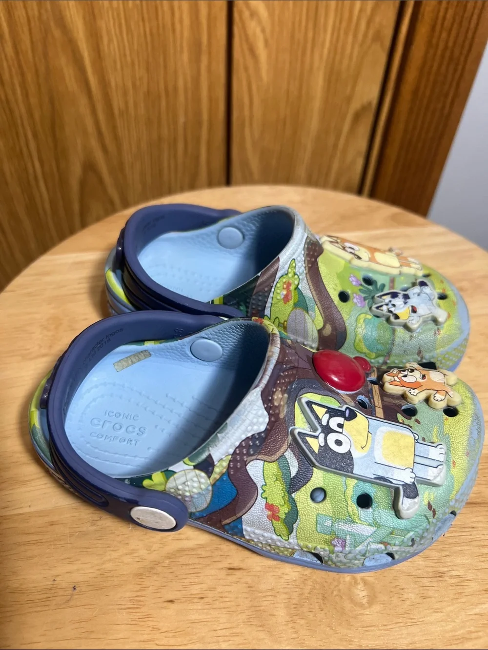 CROCS Blue Kids Cartoon Slip-On Clogs with Red Balloon Accent